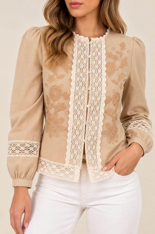Beige Embroidered Crochet Trim Blouse