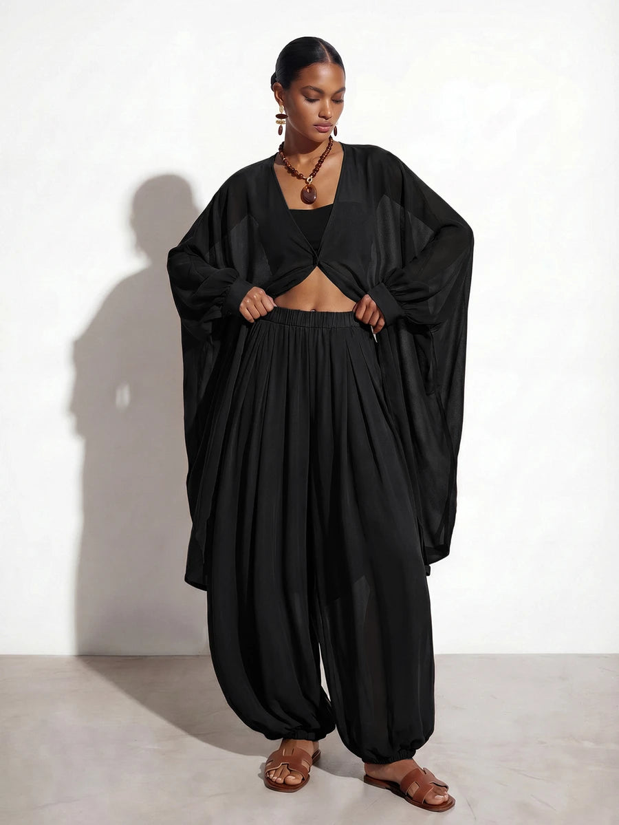 Chiffon V Neck Blouse and Pants Set