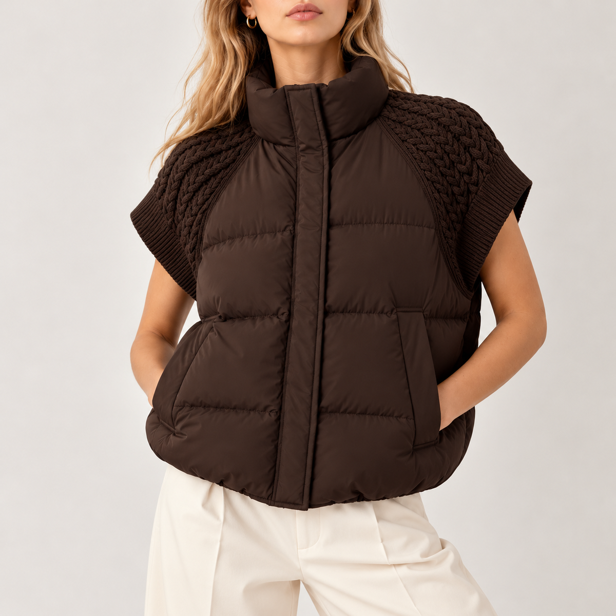 Quilted Vest with Cable Knit Sleeves