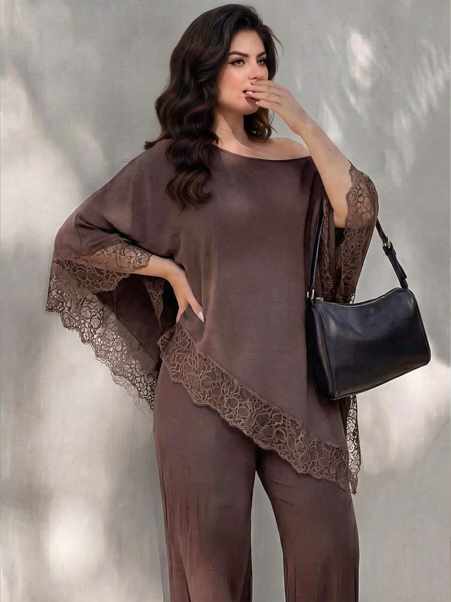 Plus Size Open Shoulder Lace Trim Top