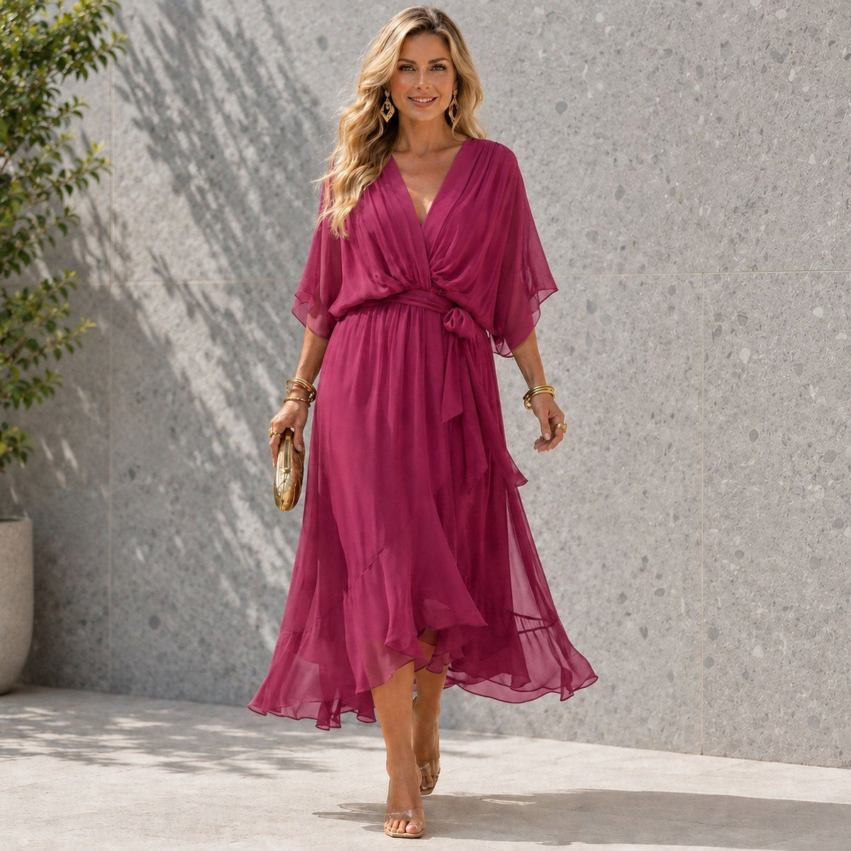 Layered V Neck Wedding Guest Dress