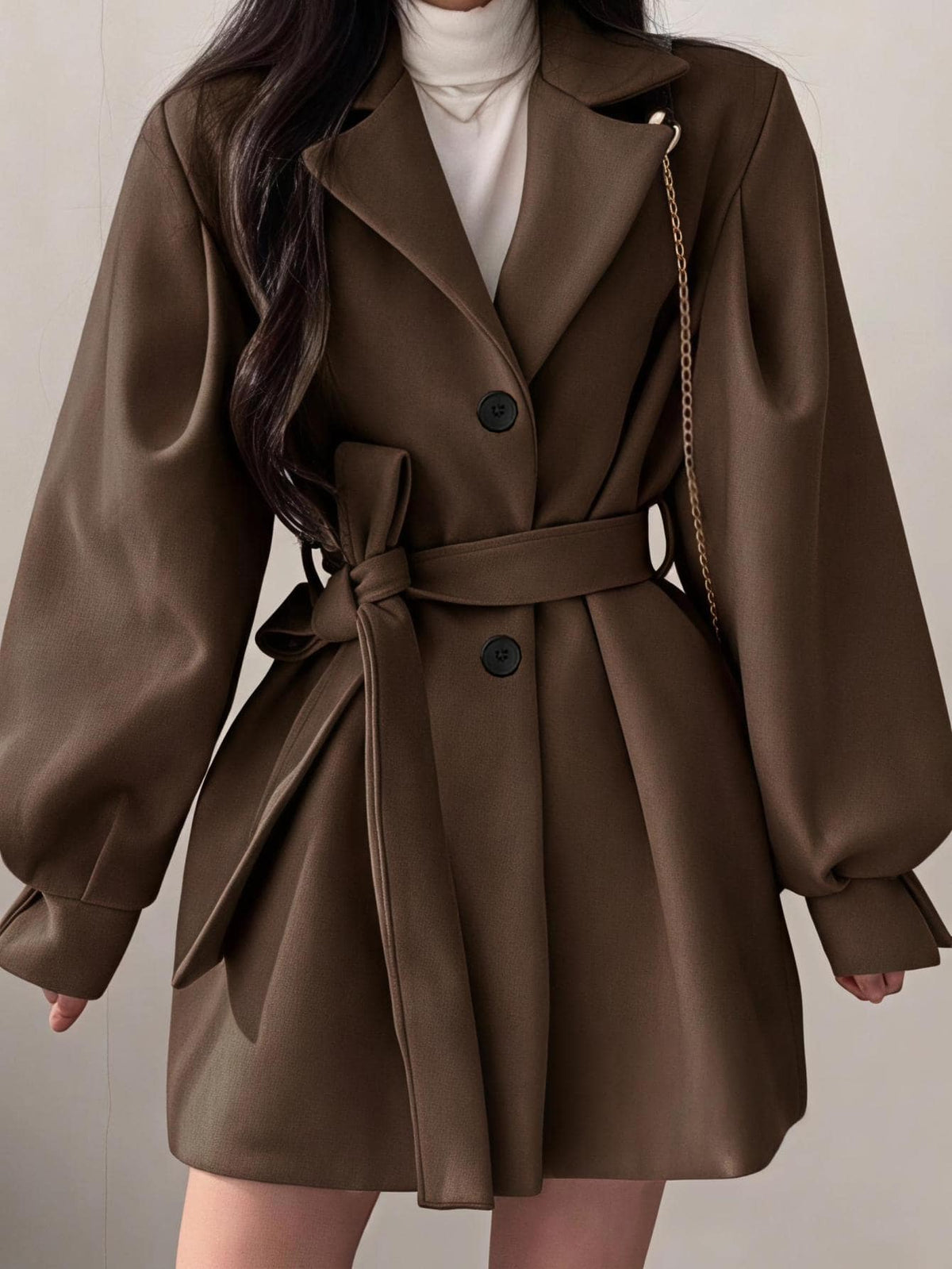 Belted Tweed Double Breasted Long Jacket