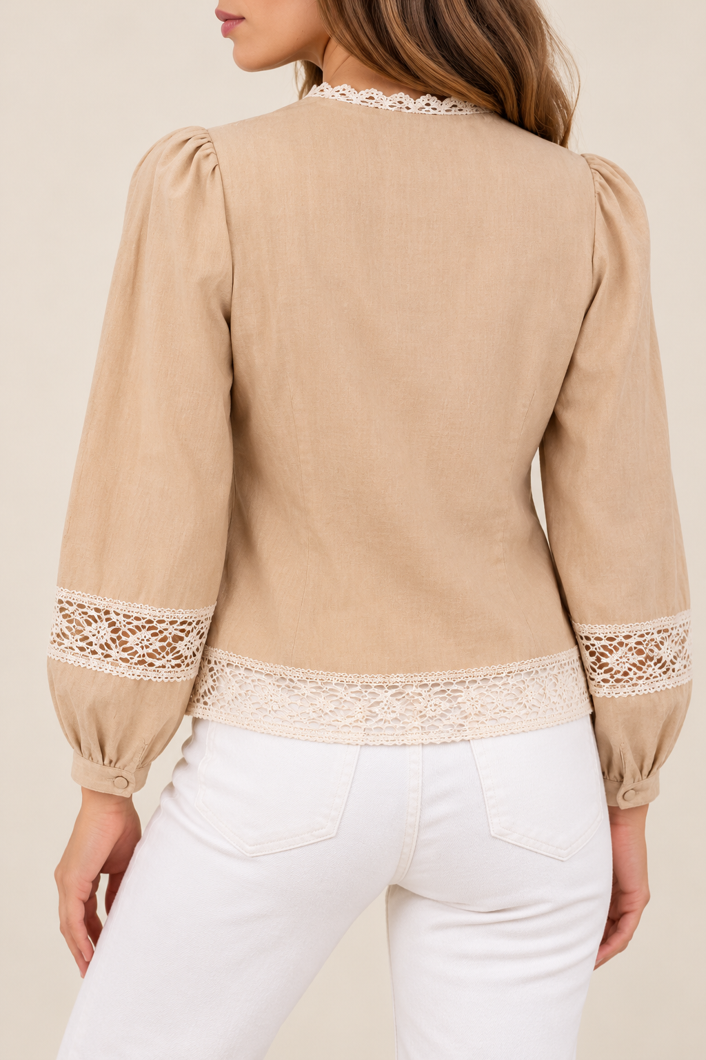 Beige Embroidered Crochet Trim Blouse