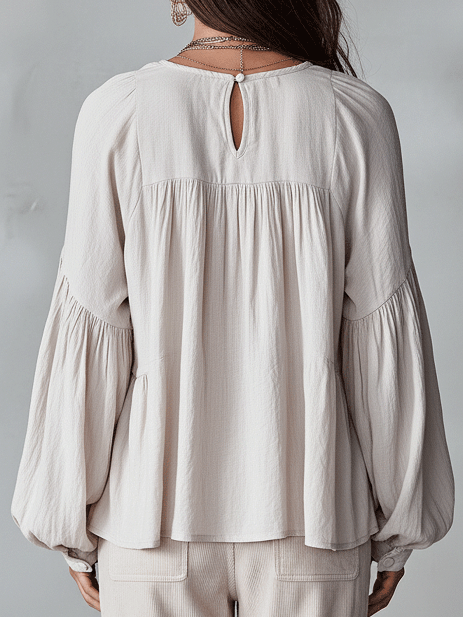 Ruffle V Neck Tiered Blouse with Balloon Sleeves