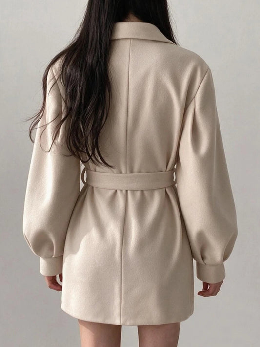 Belted Tweed Double Breasted Long Jacket