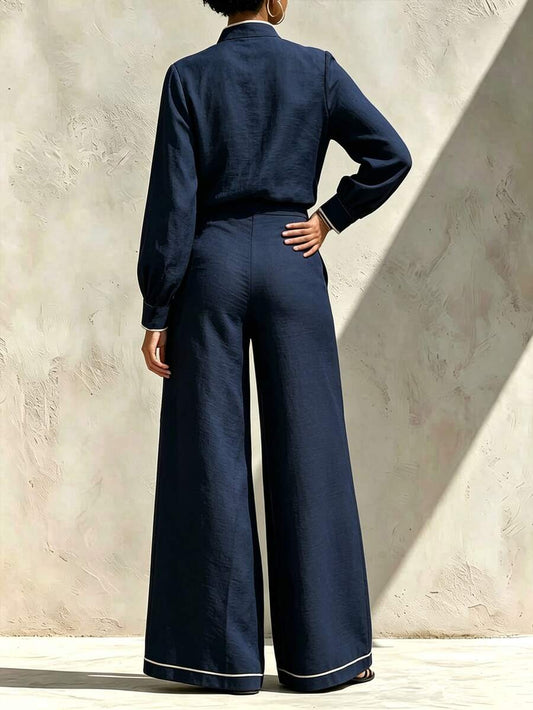 Contrast Binding Notched Shirt and Pants Set
