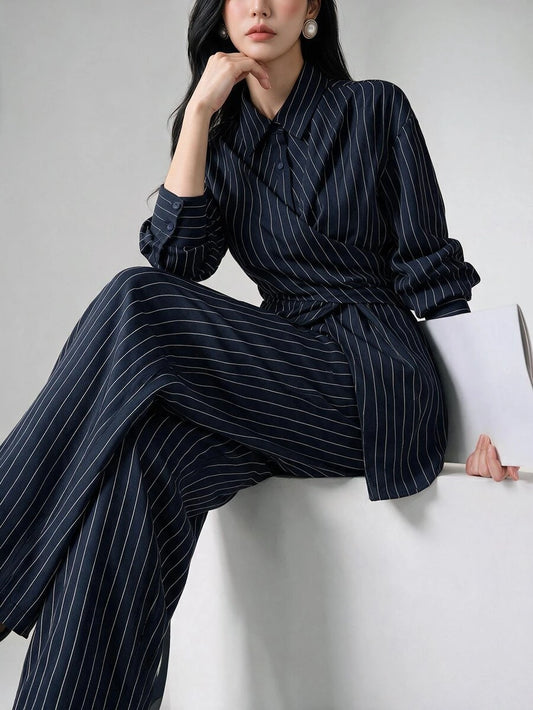 Cinched Waist Wrap Shirt and Pants Set