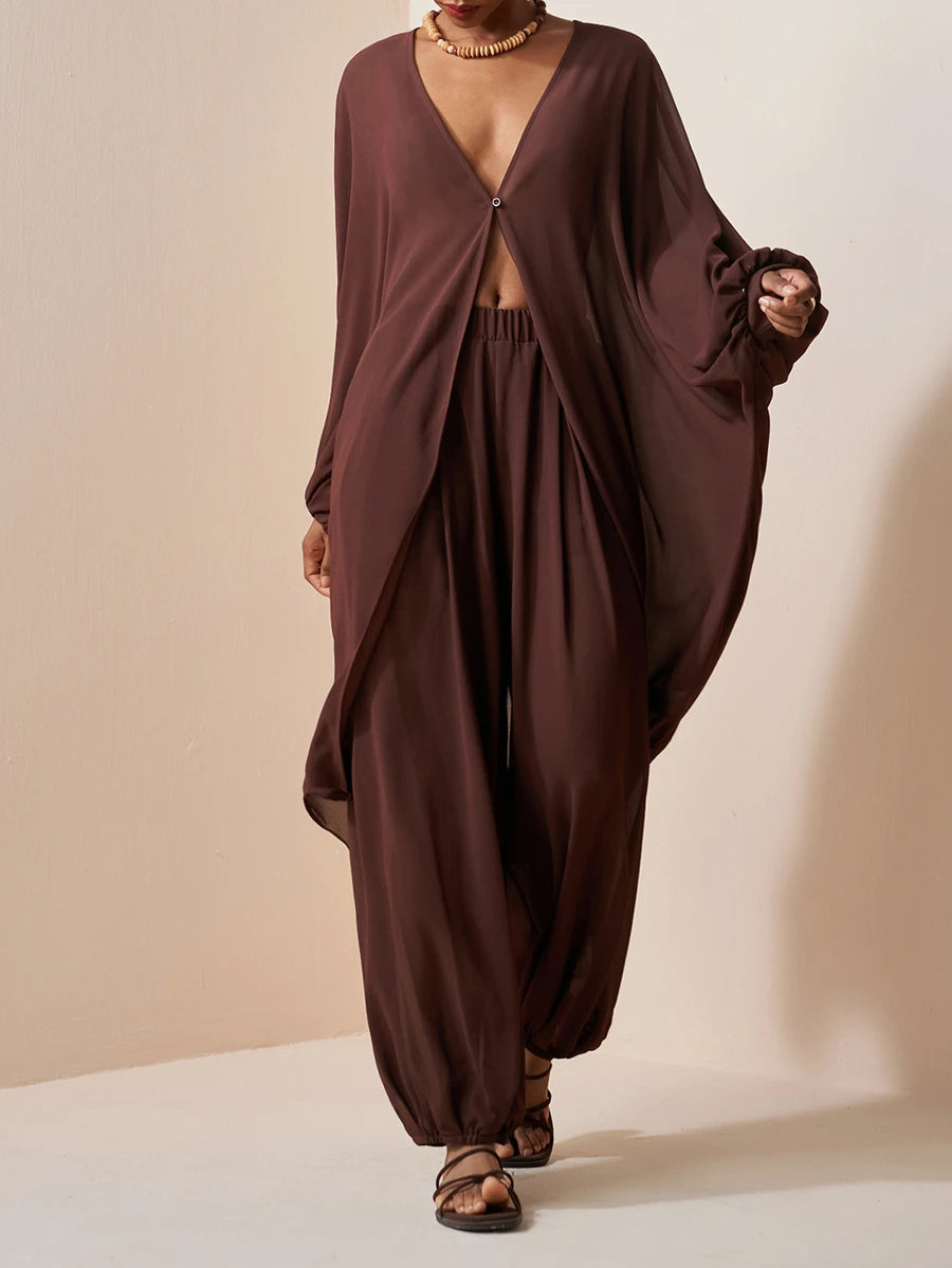 Chiffon V Neck Blouse and Pants Set