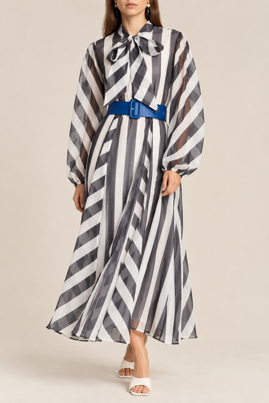 Black and White Stripe Organza Maxi Dress