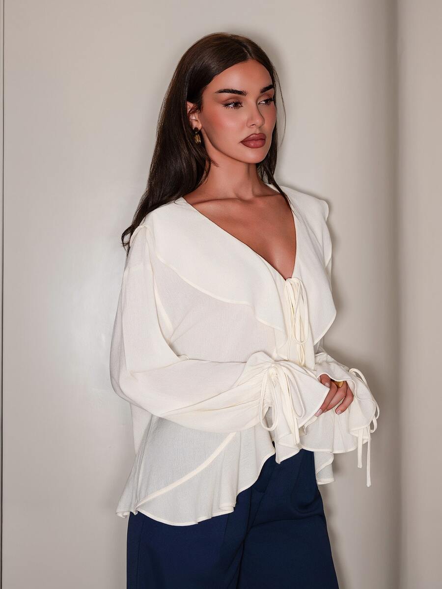Linen Blend Ruffle Hem Sheer Blouse