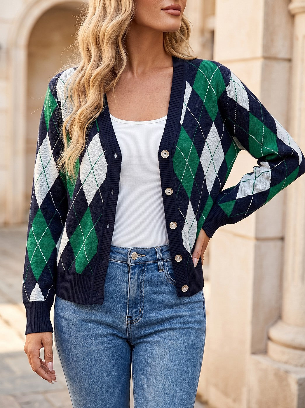 Argyle Cardigan with Ribbed Trim