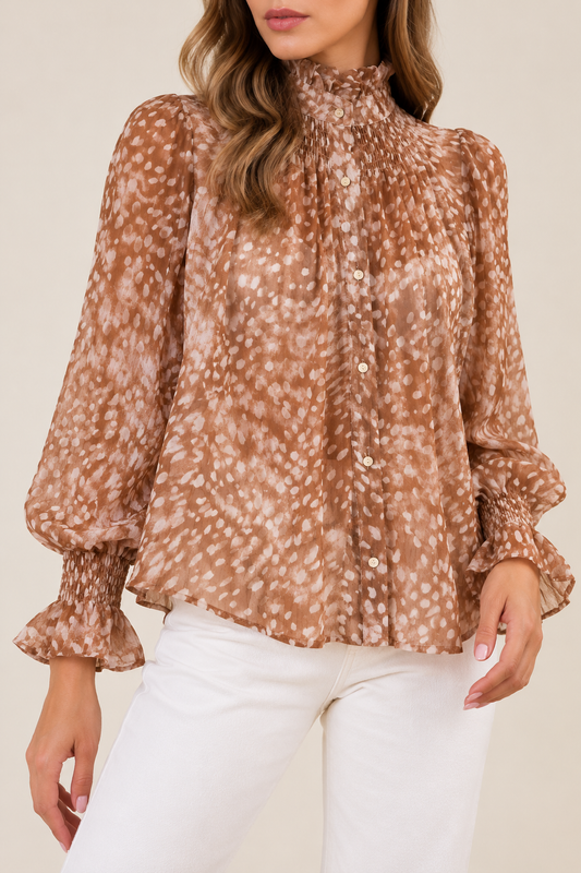 Cinnamon Ruffle Neck Print Blouse