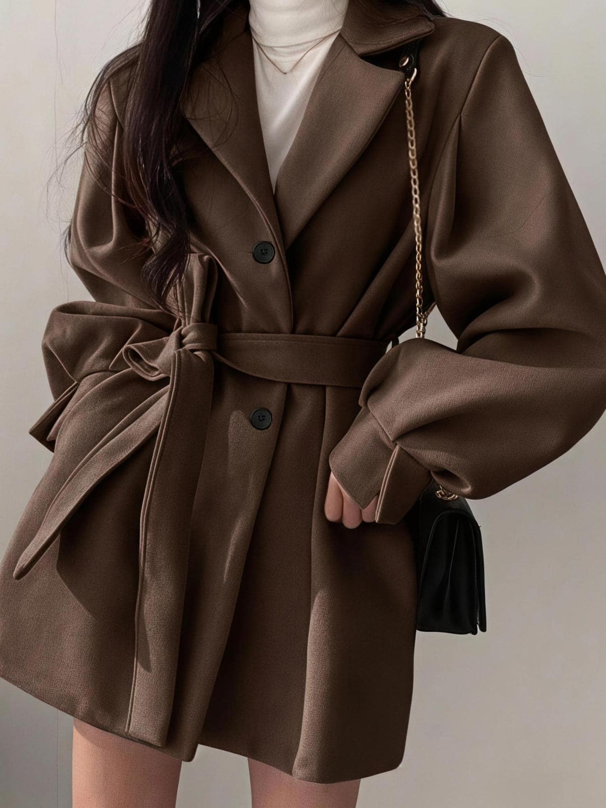 Belted Tweed Double Breasted Long Jacket