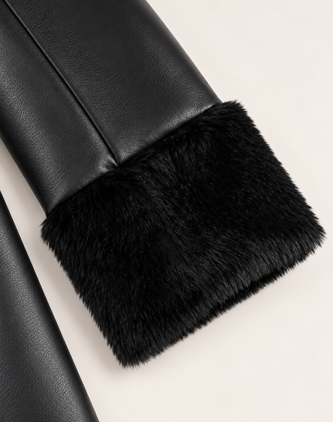 Faux Fur Panel PU Leather Trench Coat