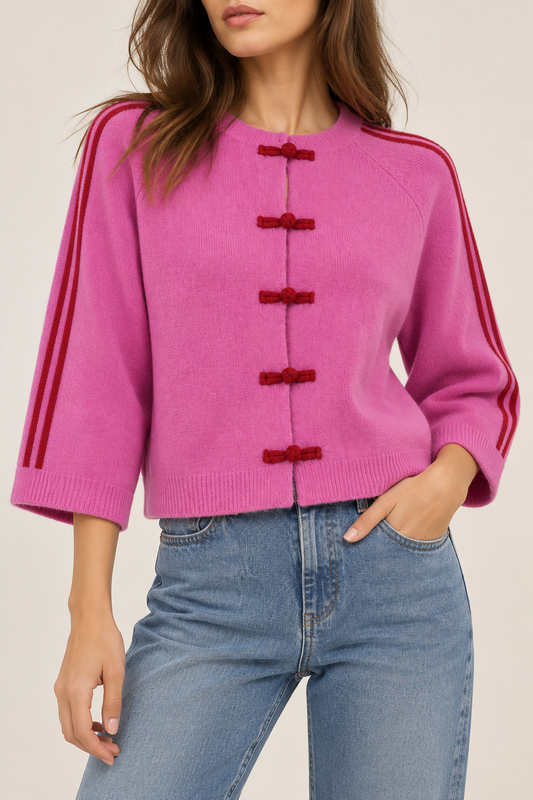 Frog Button Stripe Trim Cardigan