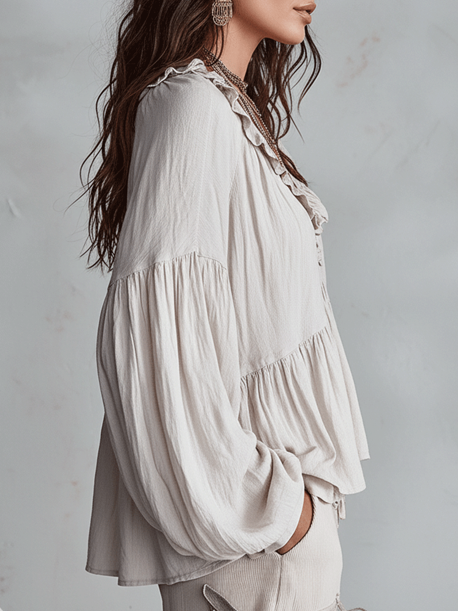 Ruffle V Neck Tiered Blouse with Balloon Sleeves