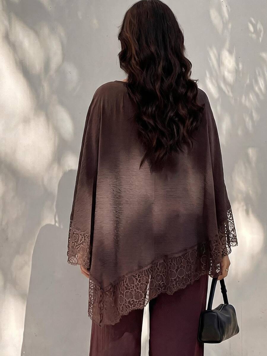 Plus Size Open Shoulder Lace Trim Top