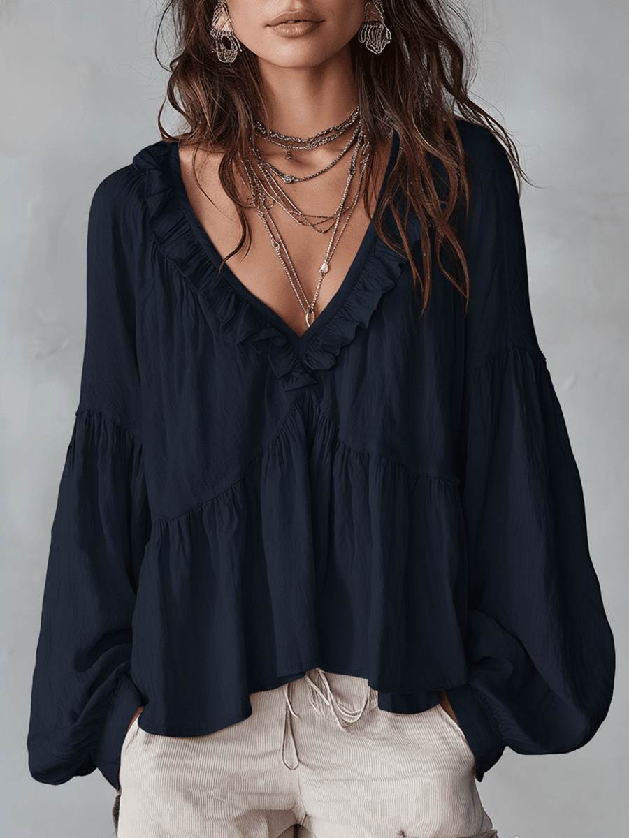 Ruffle V Neck Tiered Blouse with Balloon Sleeves
