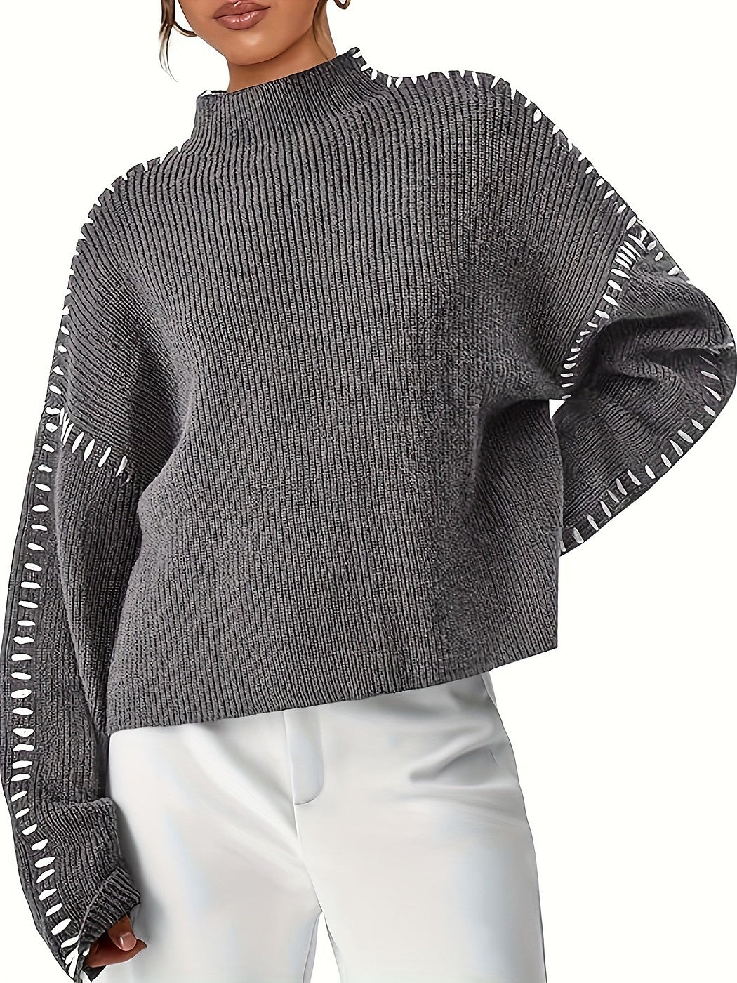 Blanket Stitch Funnel Neck Jumper