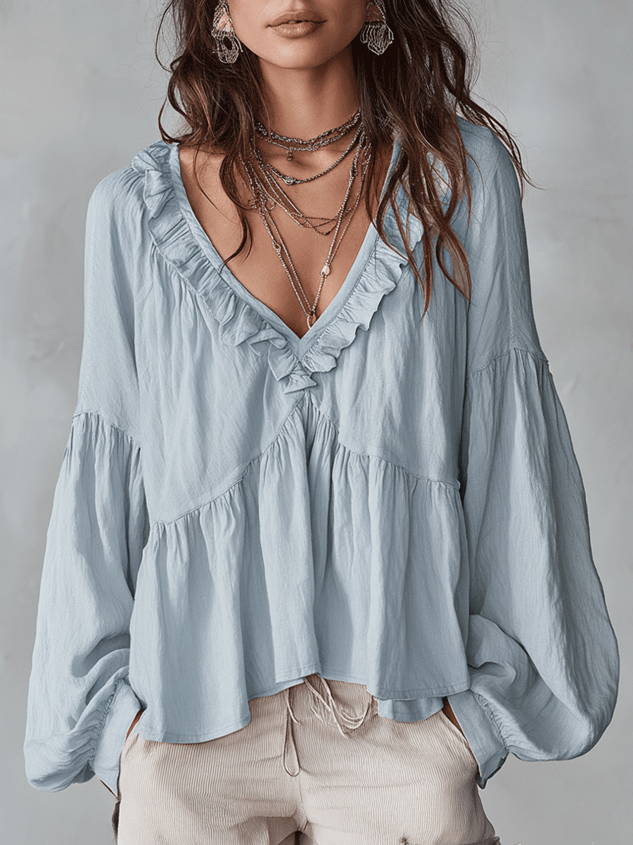 Ruffle V Neck Tiered Blouse with Balloon Sleeves