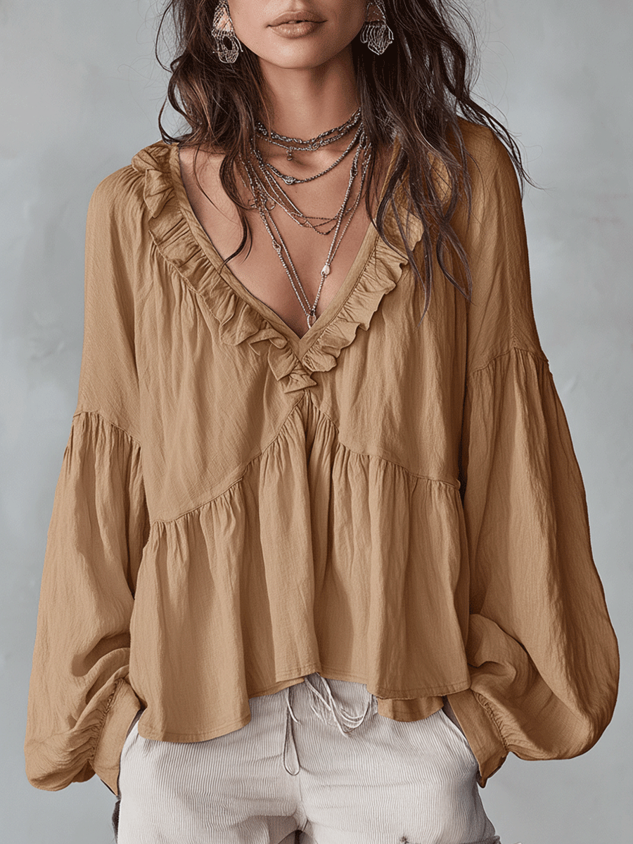 Ruffle V Neck Tiered Blouse with Balloon Sleeves