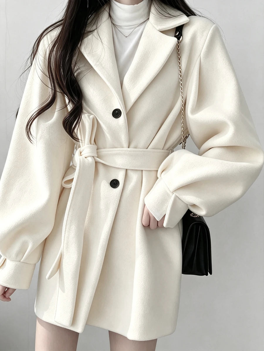 Belted Tweed Double Breasted Long Jacket