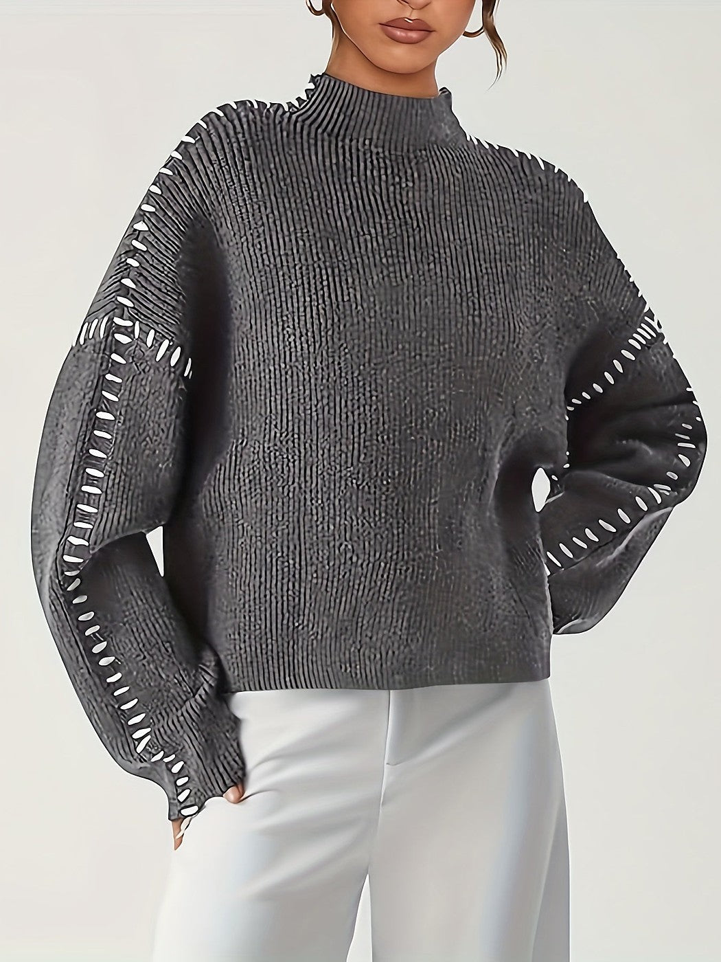 Blanket Stitch Funnel Neck Jumper