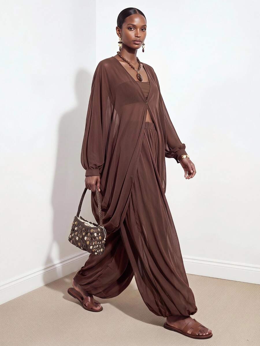 Chiffon V Neck Blouse and Pants Set