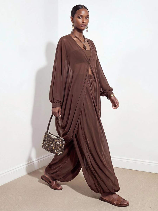 Chiffon V Neck Blouse and Pants Set