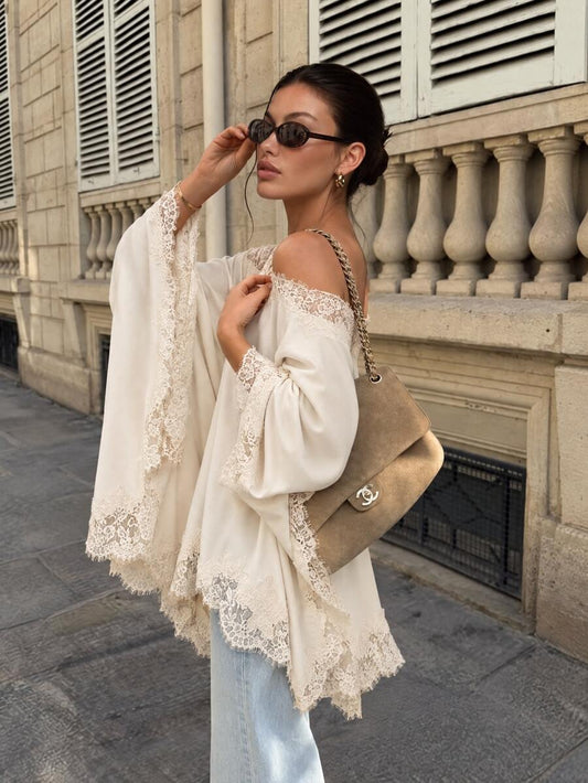 Satin Lace Trim Asymmetric Blouse