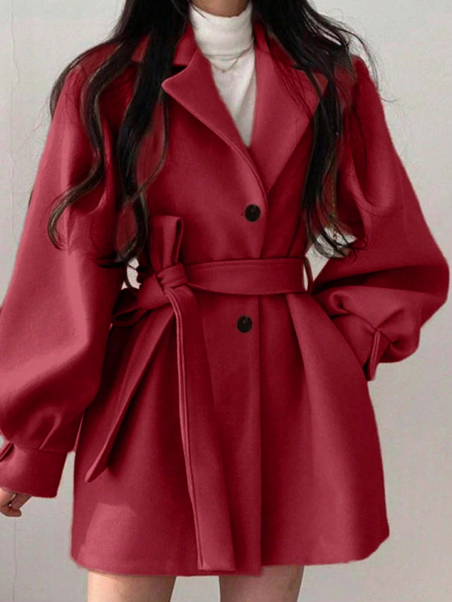 Belted Tweed Double Breasted Long Jacket