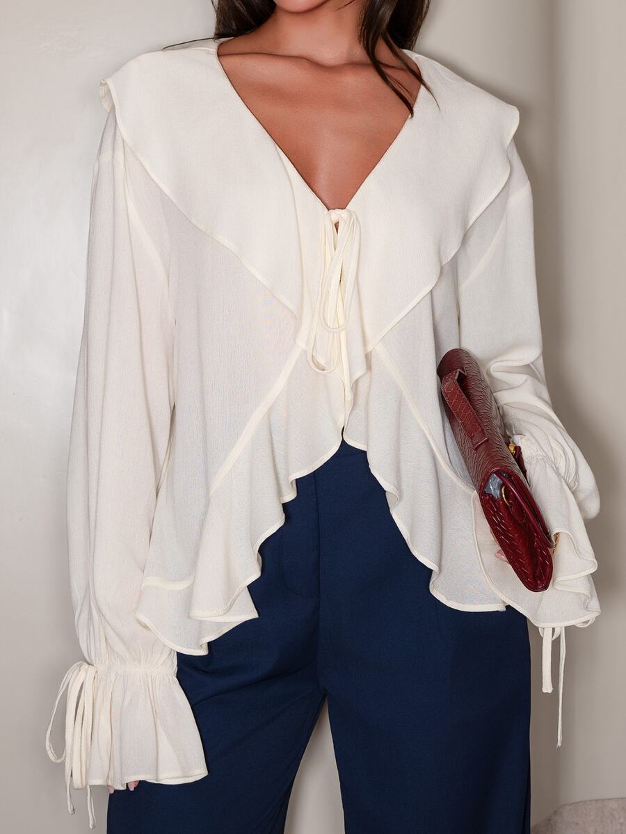 Linen Blend Ruffle Hem Sheer Blouse