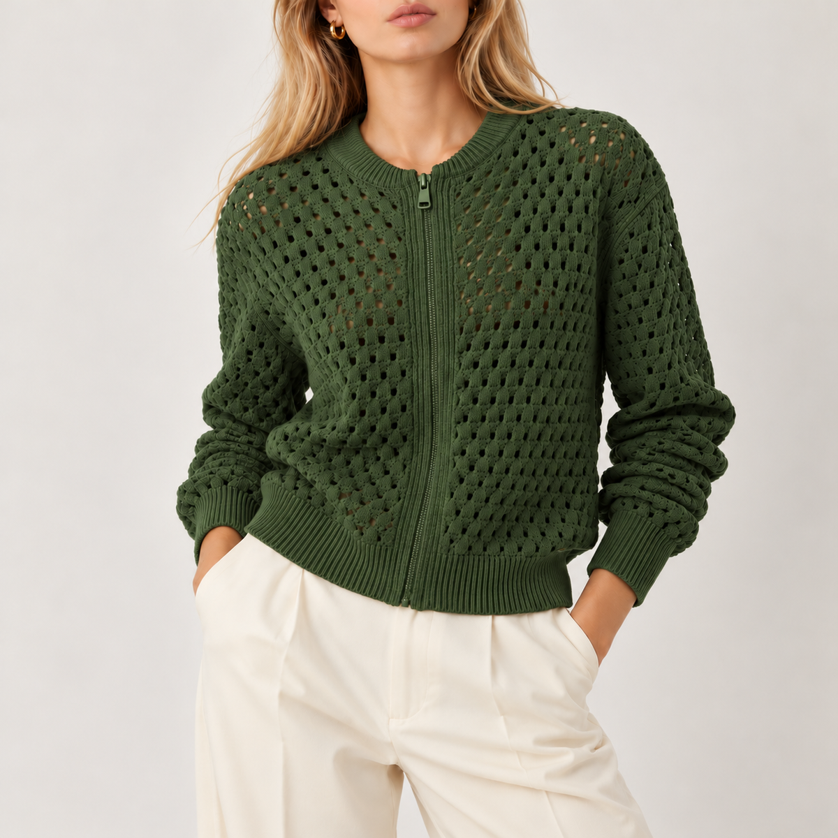 Open Knit Zip Cardigan