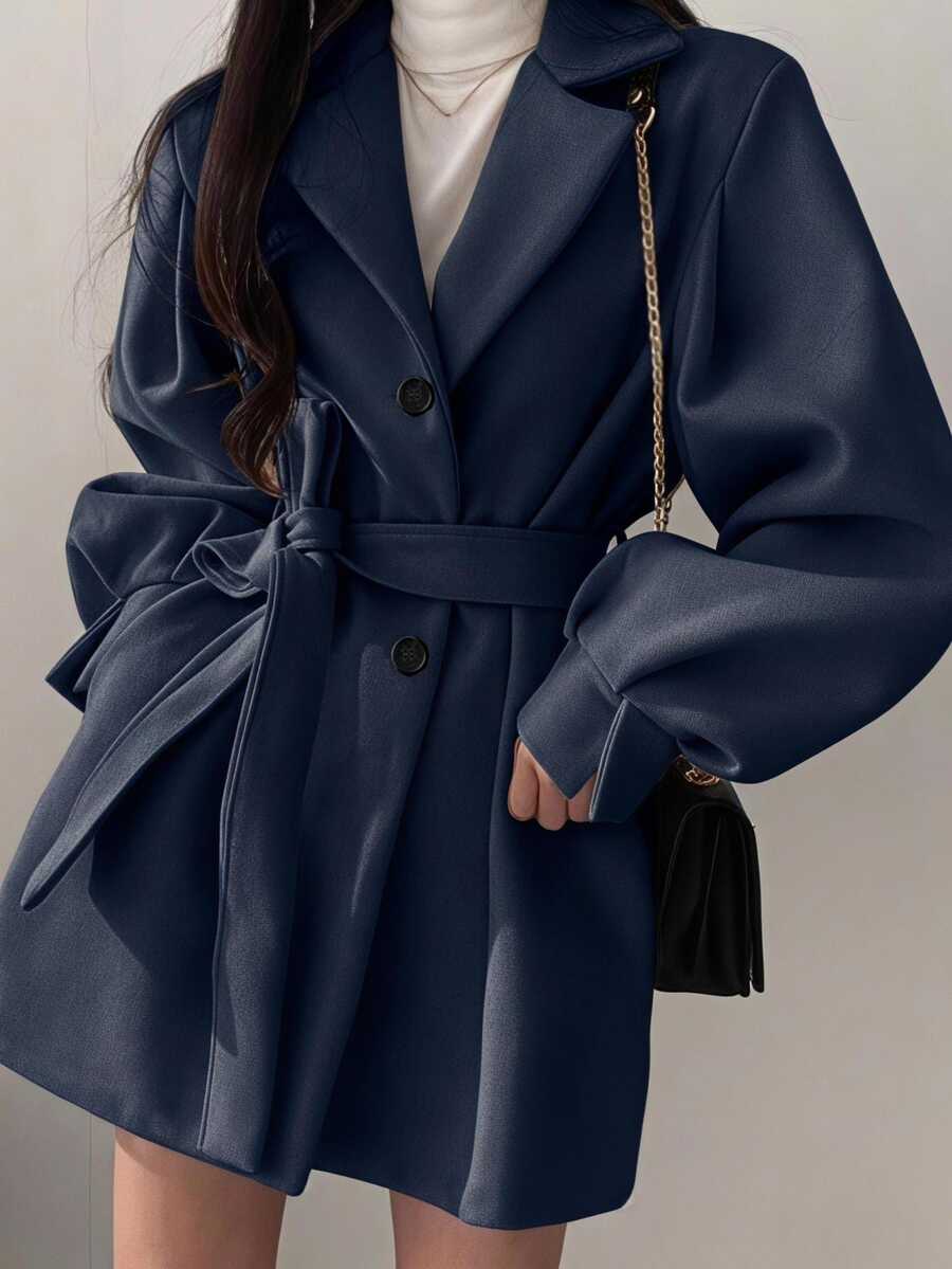 Belted Tweed Double Breasted Long Jacket