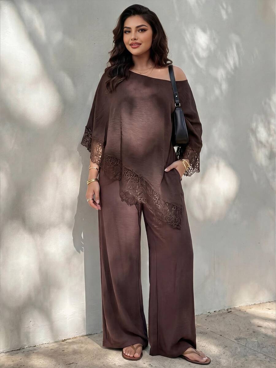 Plus Size Open Shoulder Lace Trim Top