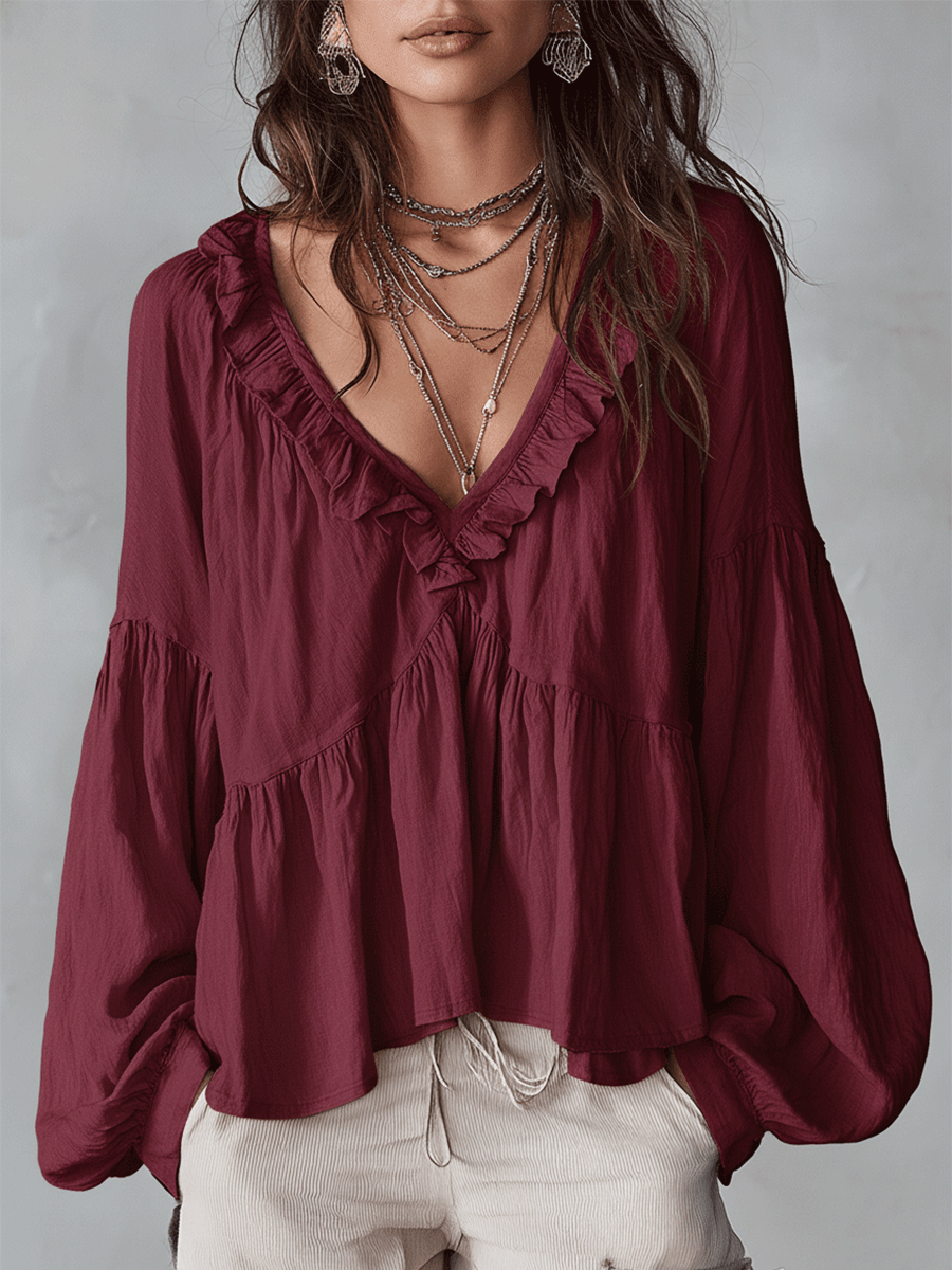 Ruffle V Neck Tiered Blouse with Balloon Sleeves