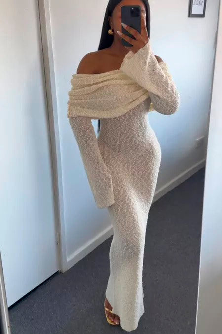 Knit Off Shoulder Boucle Maxi Dress