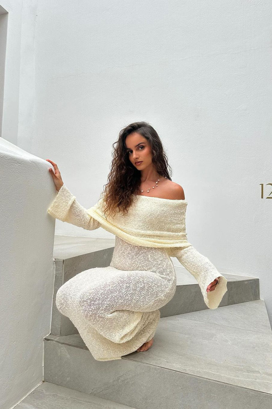 Knit Off Shoulder Boucle Maxi Dress
