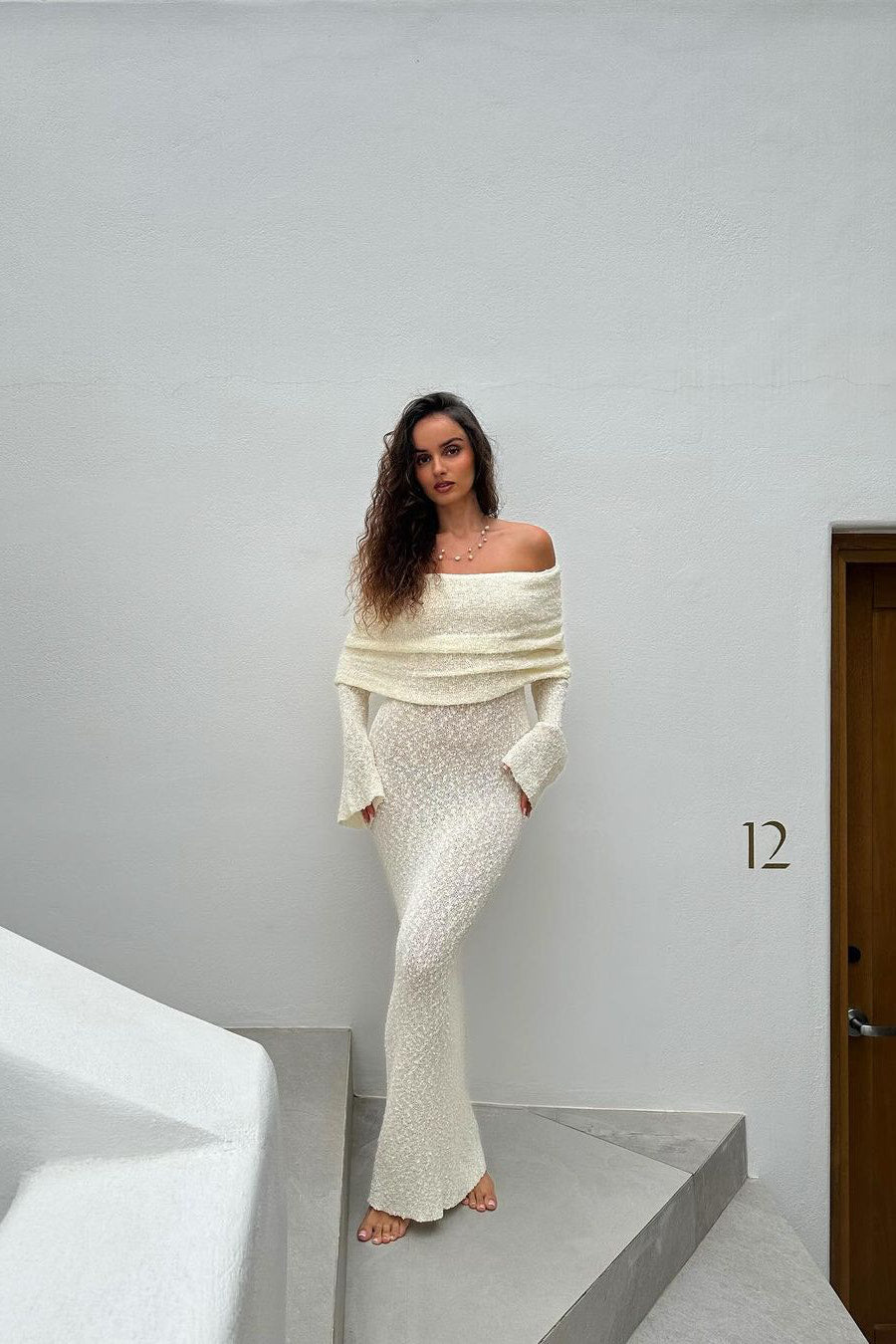 Knit Off Shoulder Boucle Maxi Dress