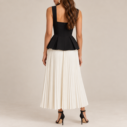 Square Neck Pleated Peplum Midi Dress