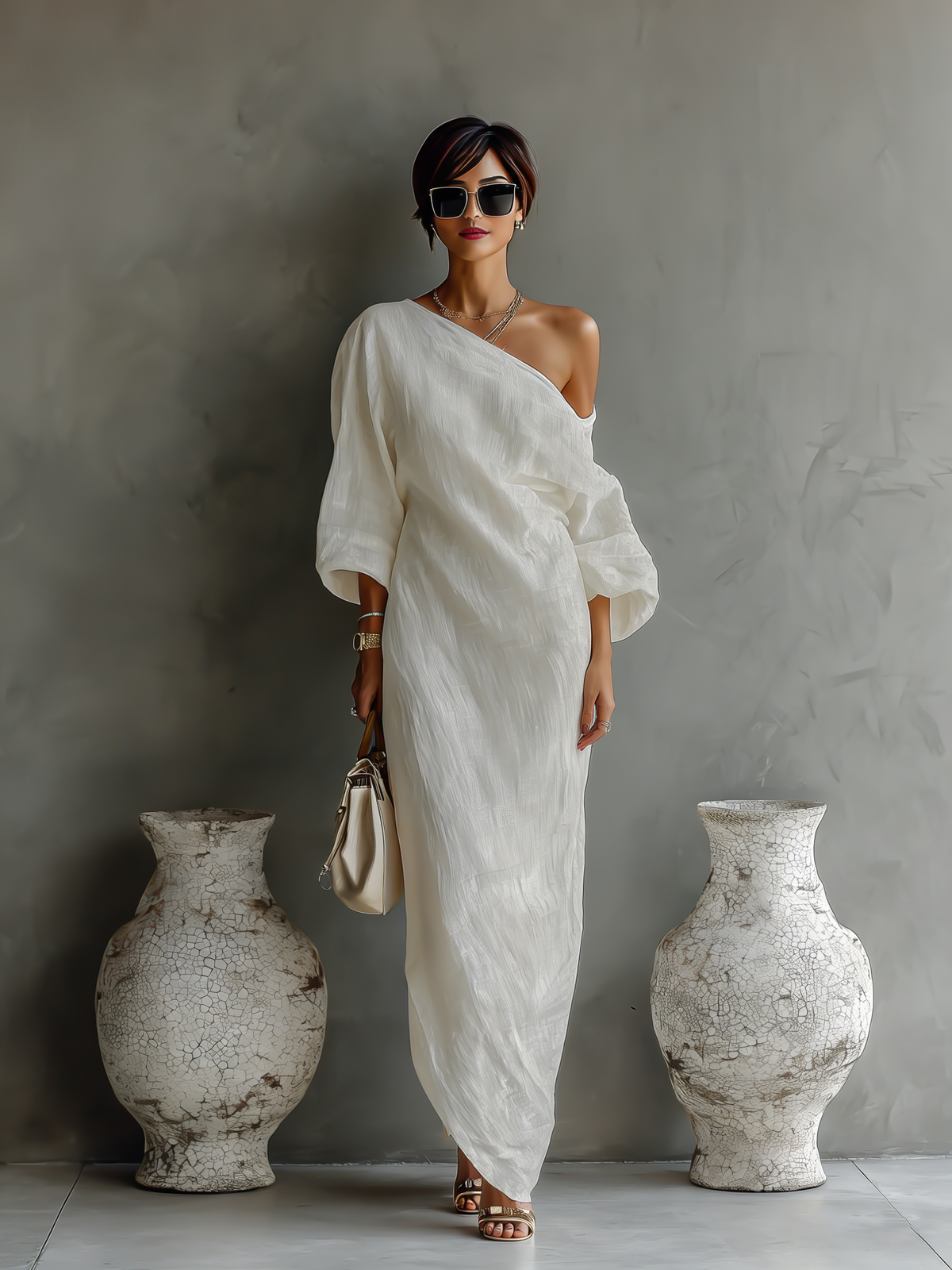Linen One Shoulder Balloon Sleeve Maxi Dress