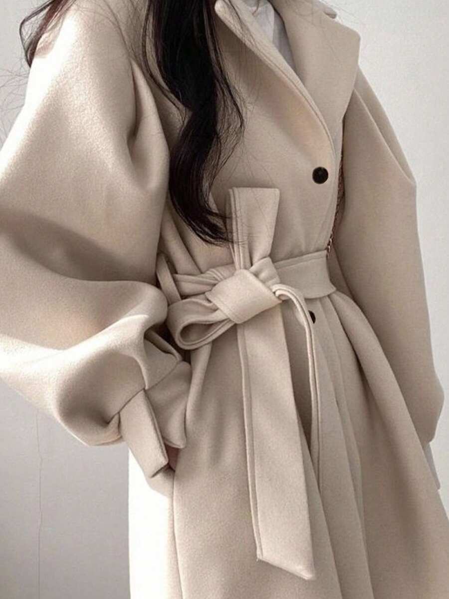 Belted Tweed Double Breasted Long Jacket