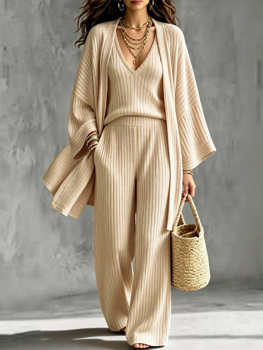 Ribbed Knit Tank, Trousers and Cardigan 3 Piece Set