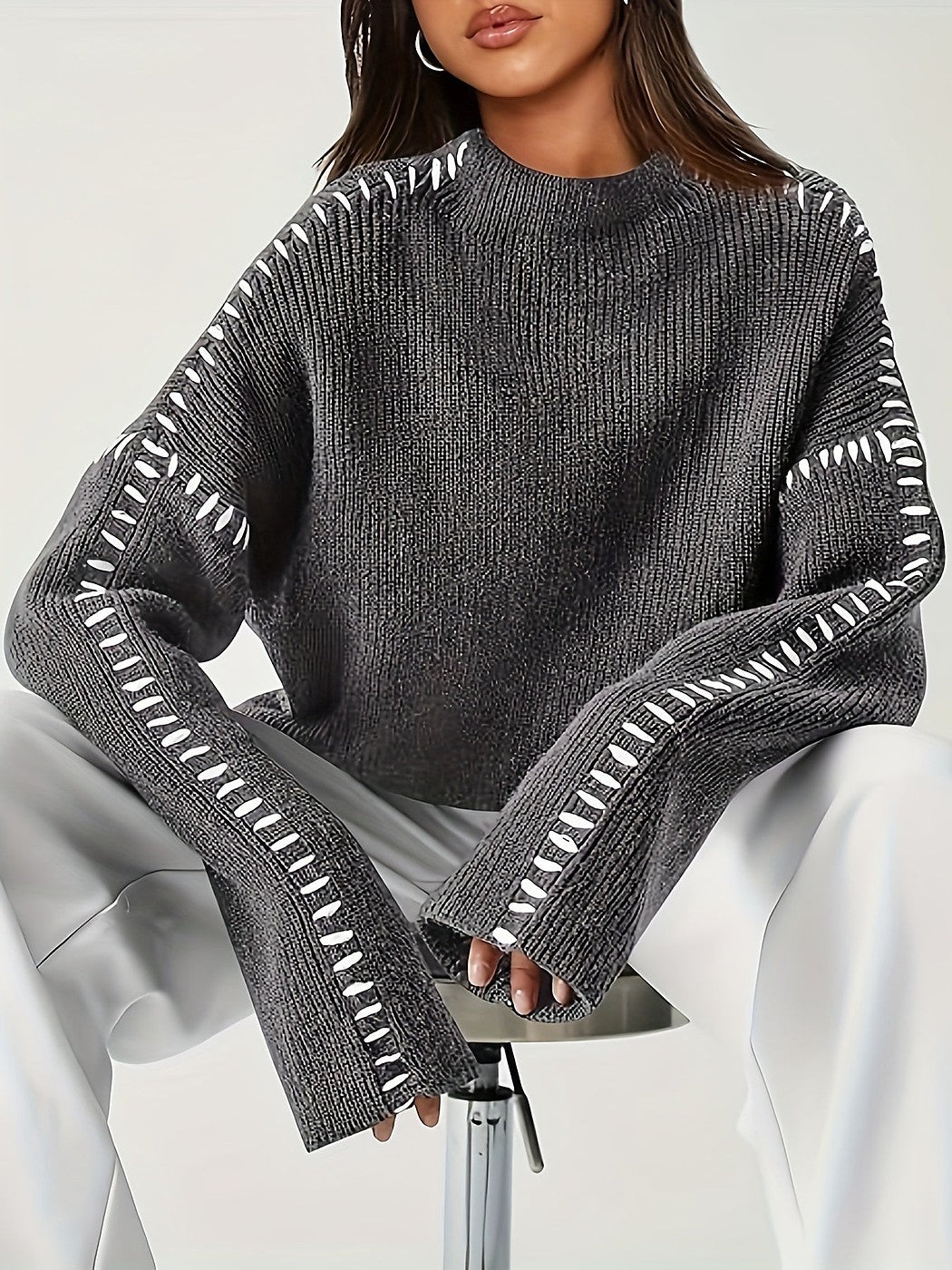 Blanket Stitch Funnel Neck Jumper