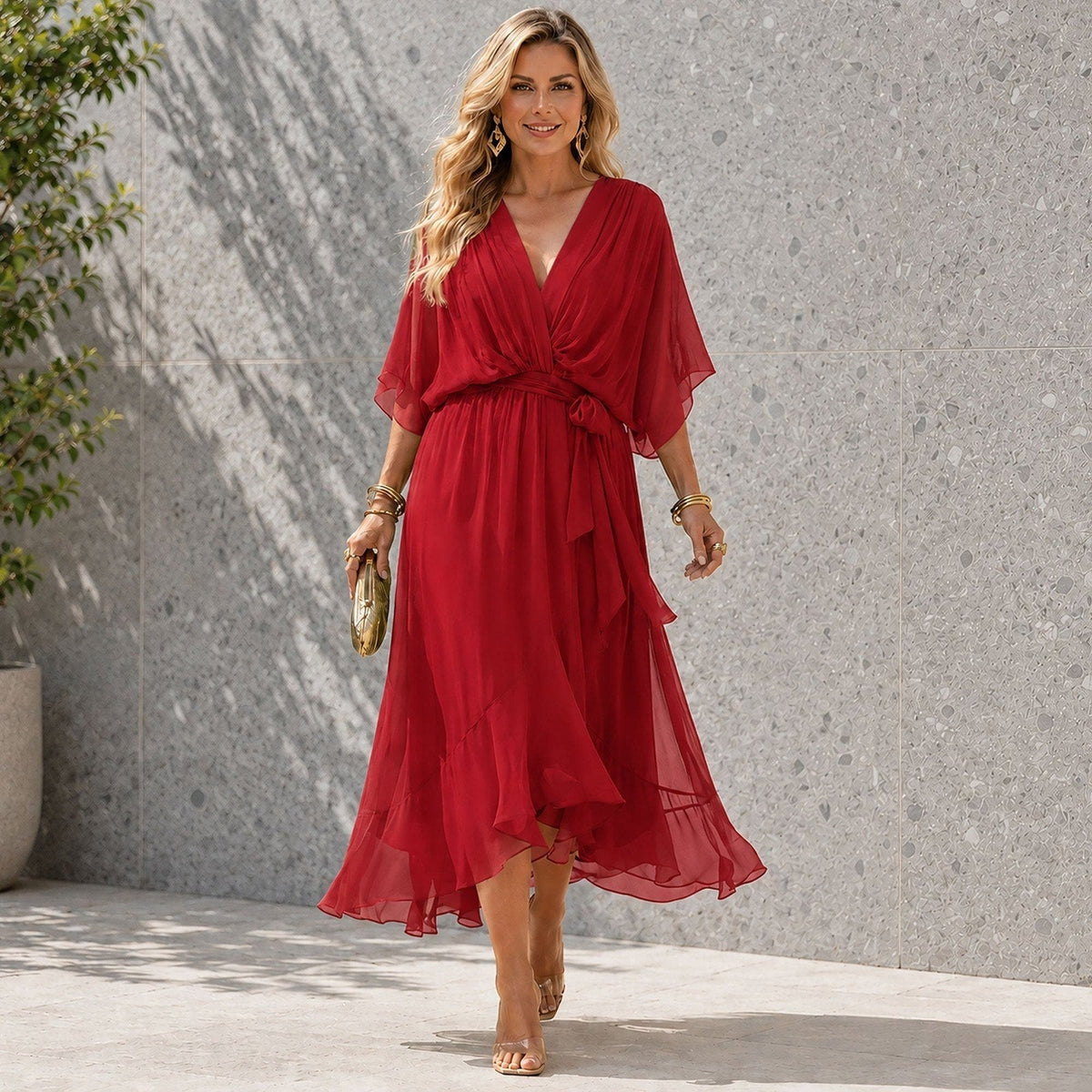 Layered V Neck Wedding Guest Dress