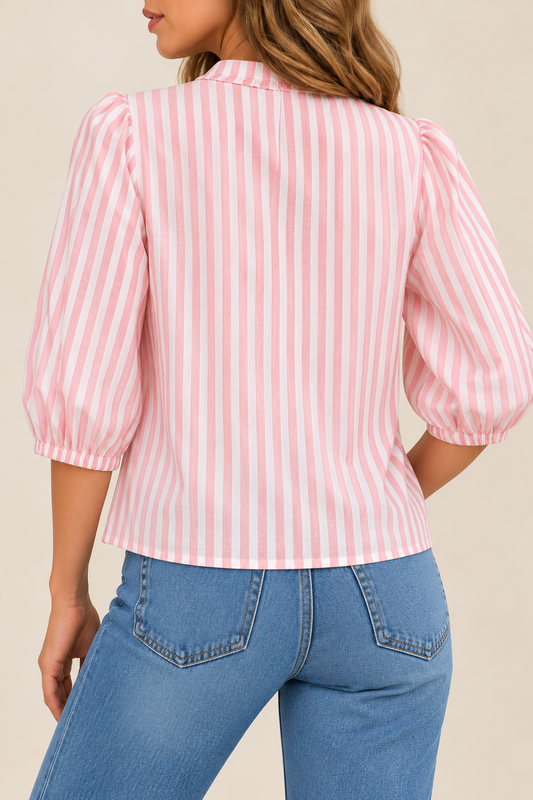 Pink Striped Ruffle Neck Blouse
