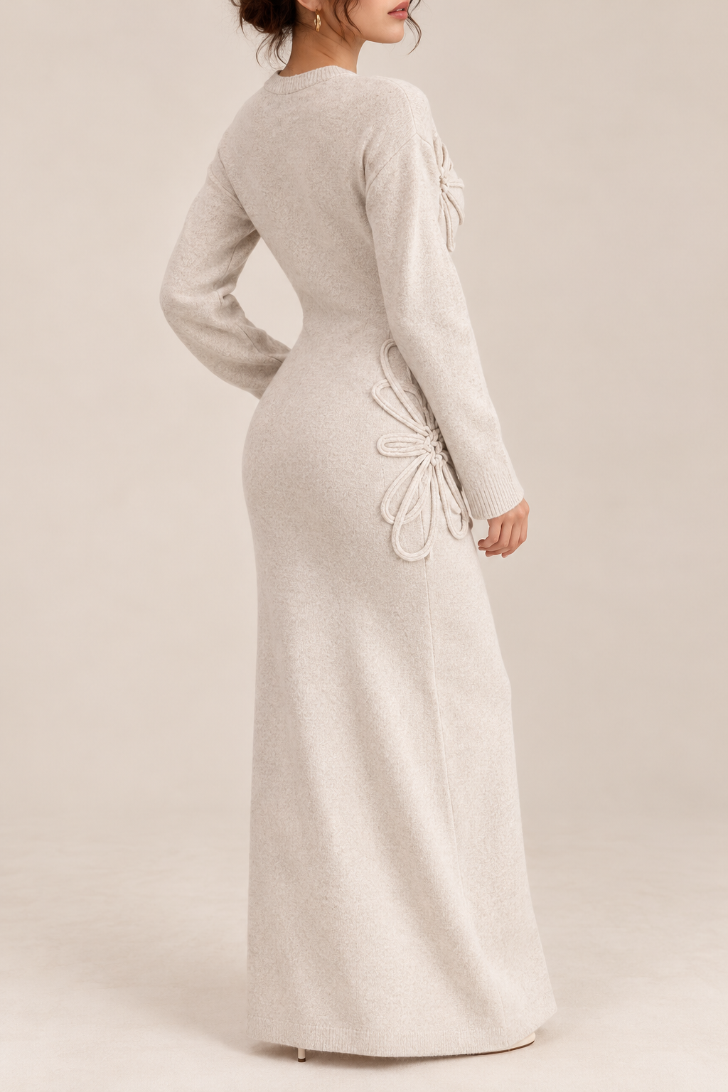 3D Rose Round Neck Knit Midi Dress