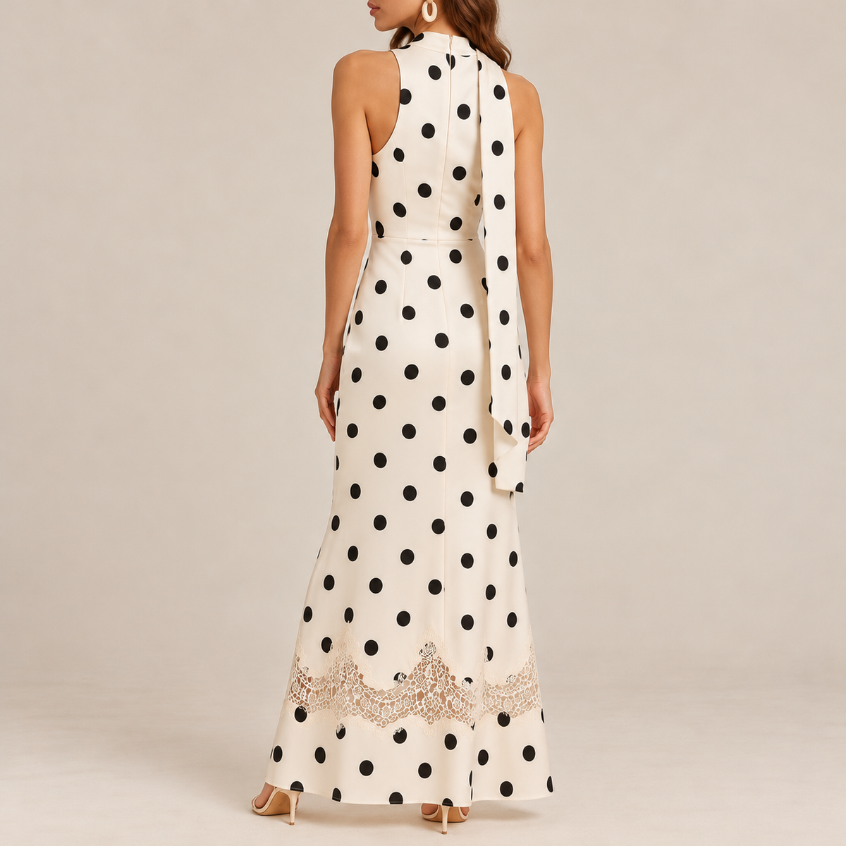 Polka Dot Satin Scarf Neck Maxi Dress with Lace