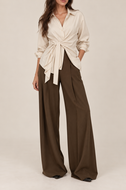 Tie Waist Blouse and Pleated Pants Set