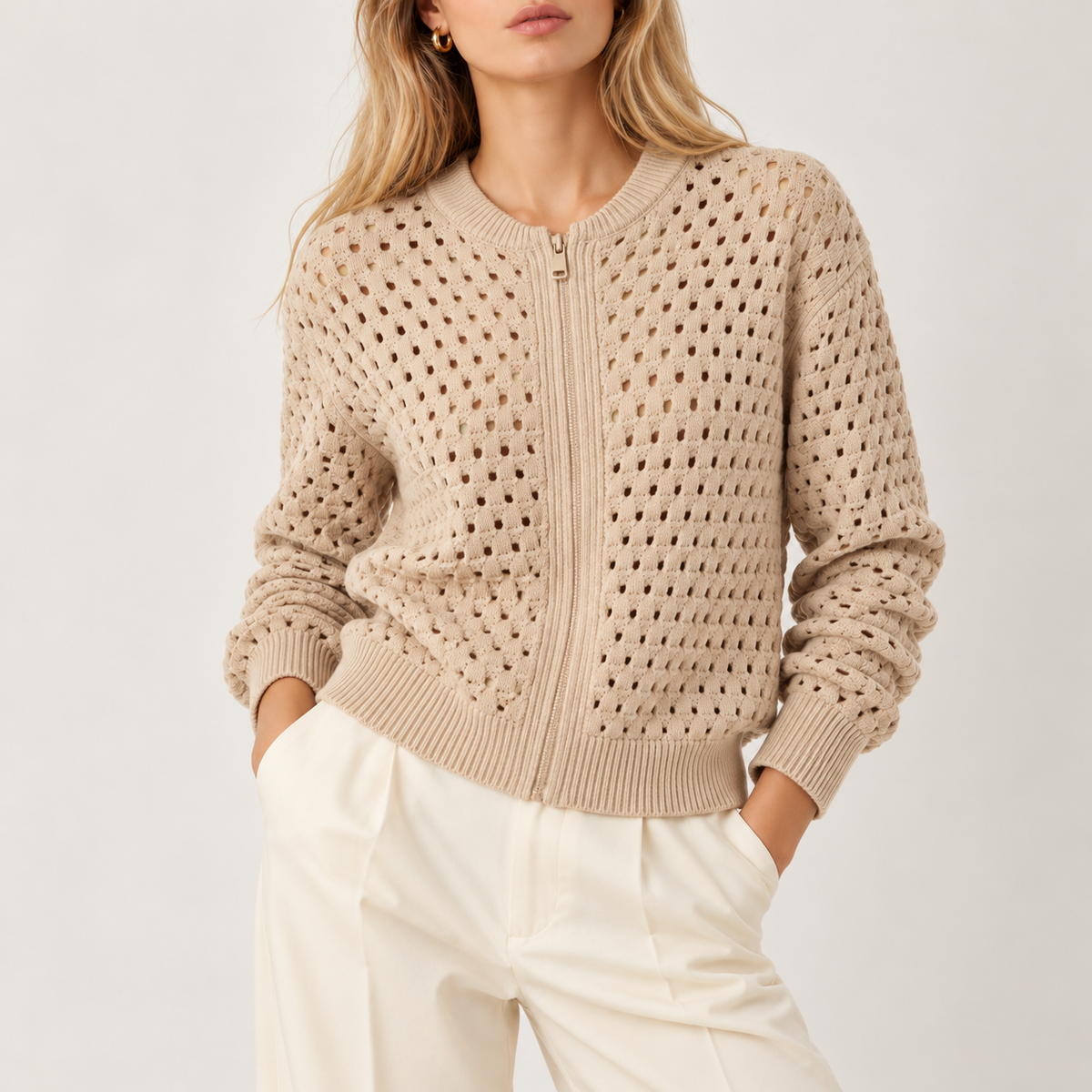 Open Knit Zip Cardigan